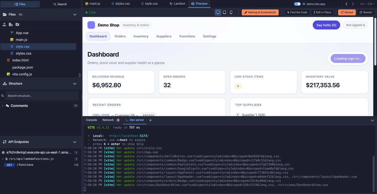 Lambda Deploy workspace — files, live app preview, API endpoints and the Vite dev server in one view