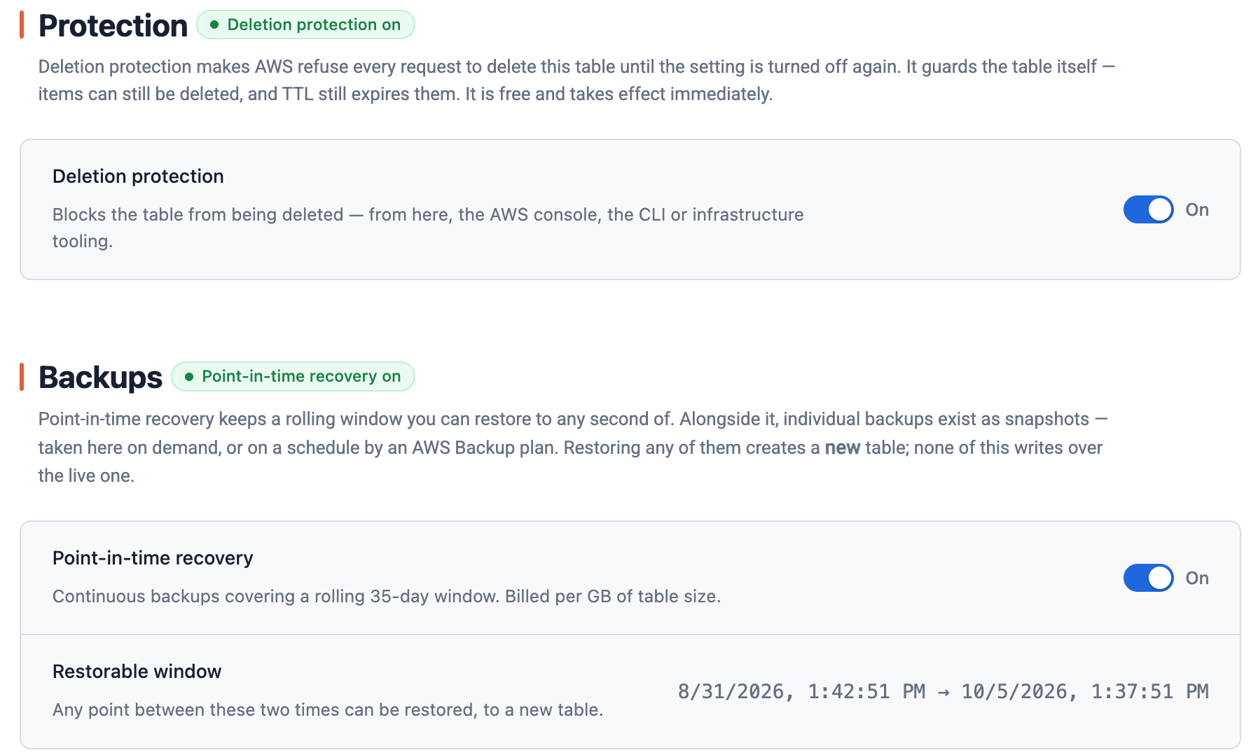 Table protection and point-in-time recovery settings