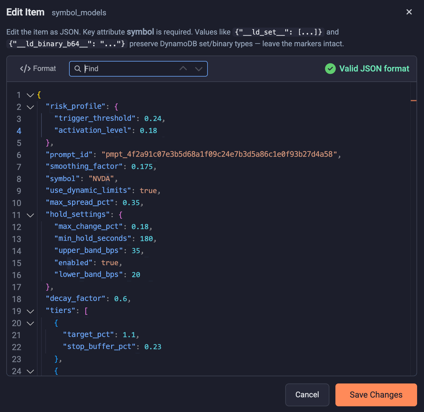 Edit Item dialog with a validated JSON record