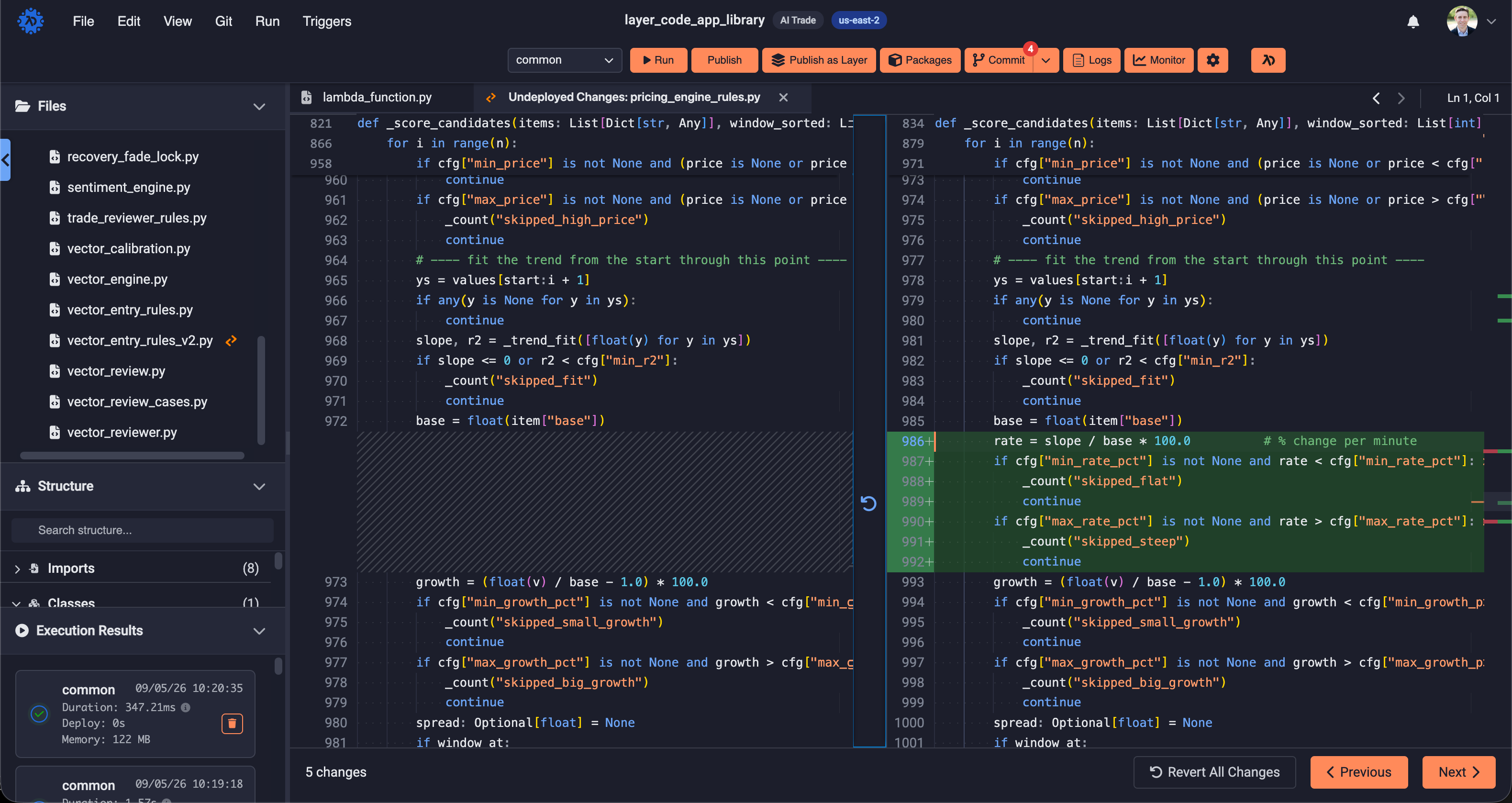 Undeployed changes shown as a side-by-side diff