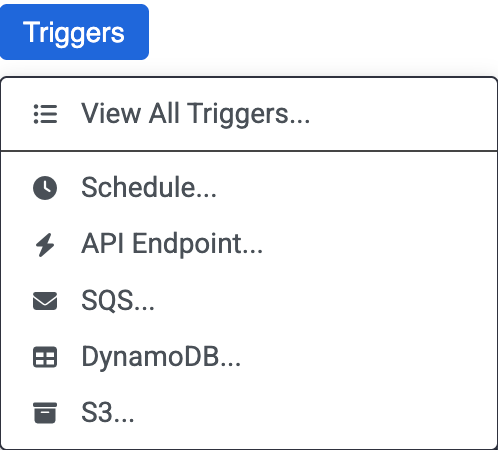 Triggers menu: schedule, API endpoint, SQS, DynamoDB and S3