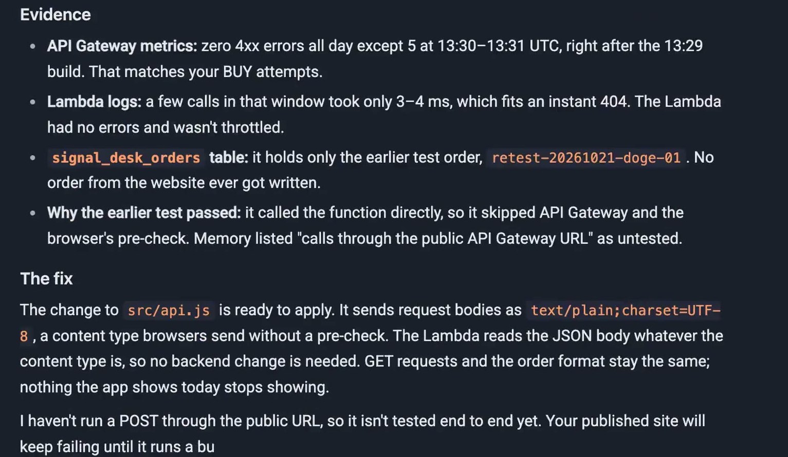 Lambot explaining the cause of a bug and the fix